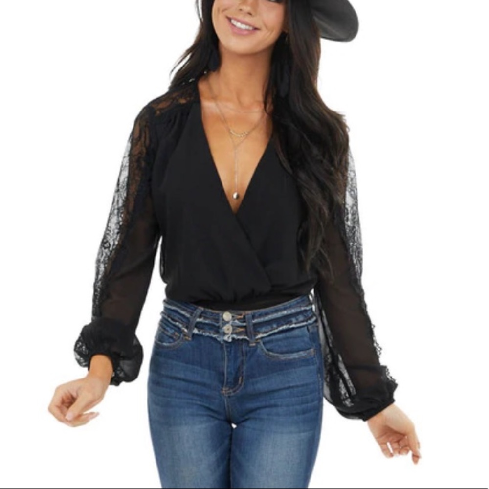 Black Surplice Woven Bodysuit Sheer Crochet Sleeve